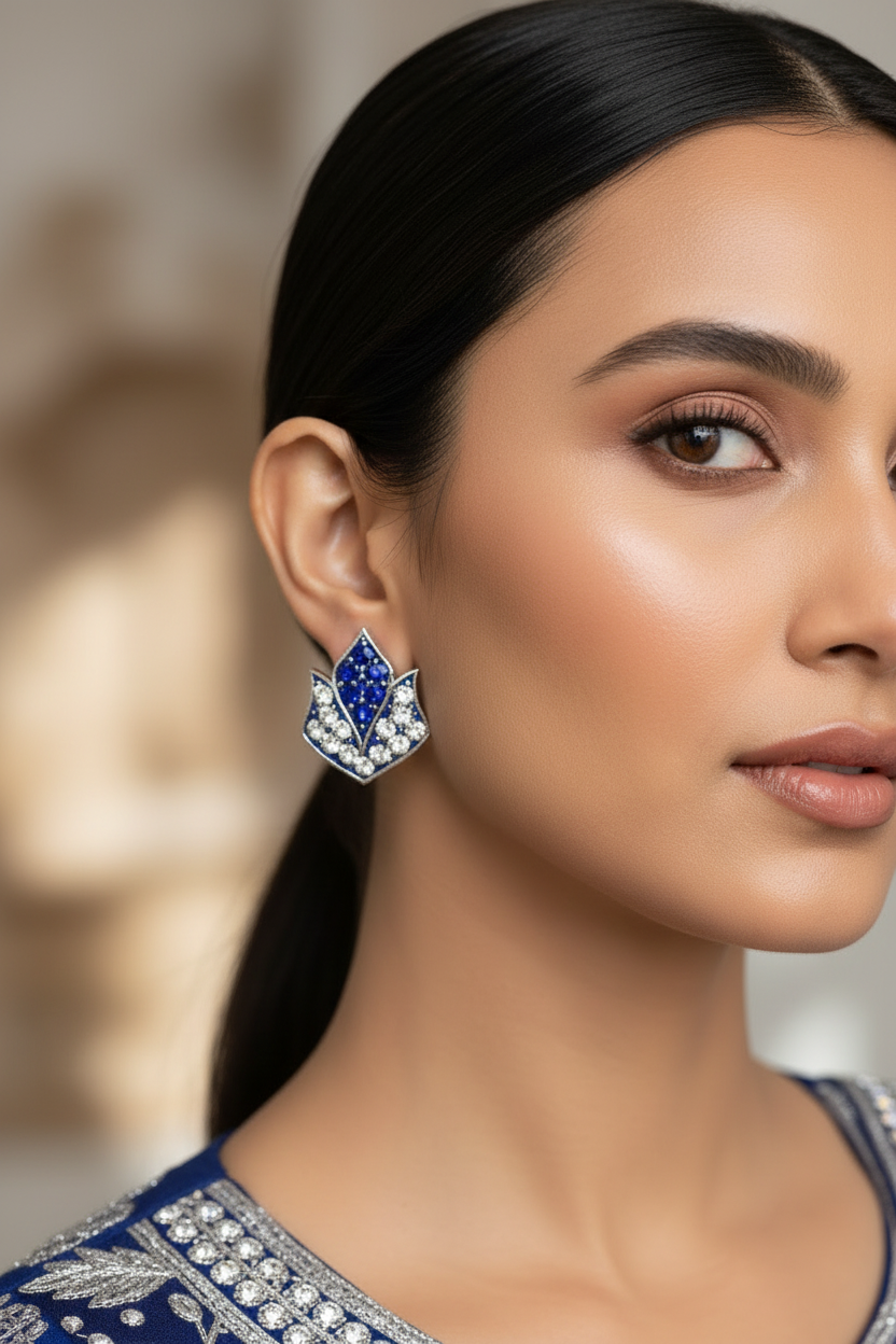 Lotus Design Crystal Stud Earrings for Women - 0.7 inch