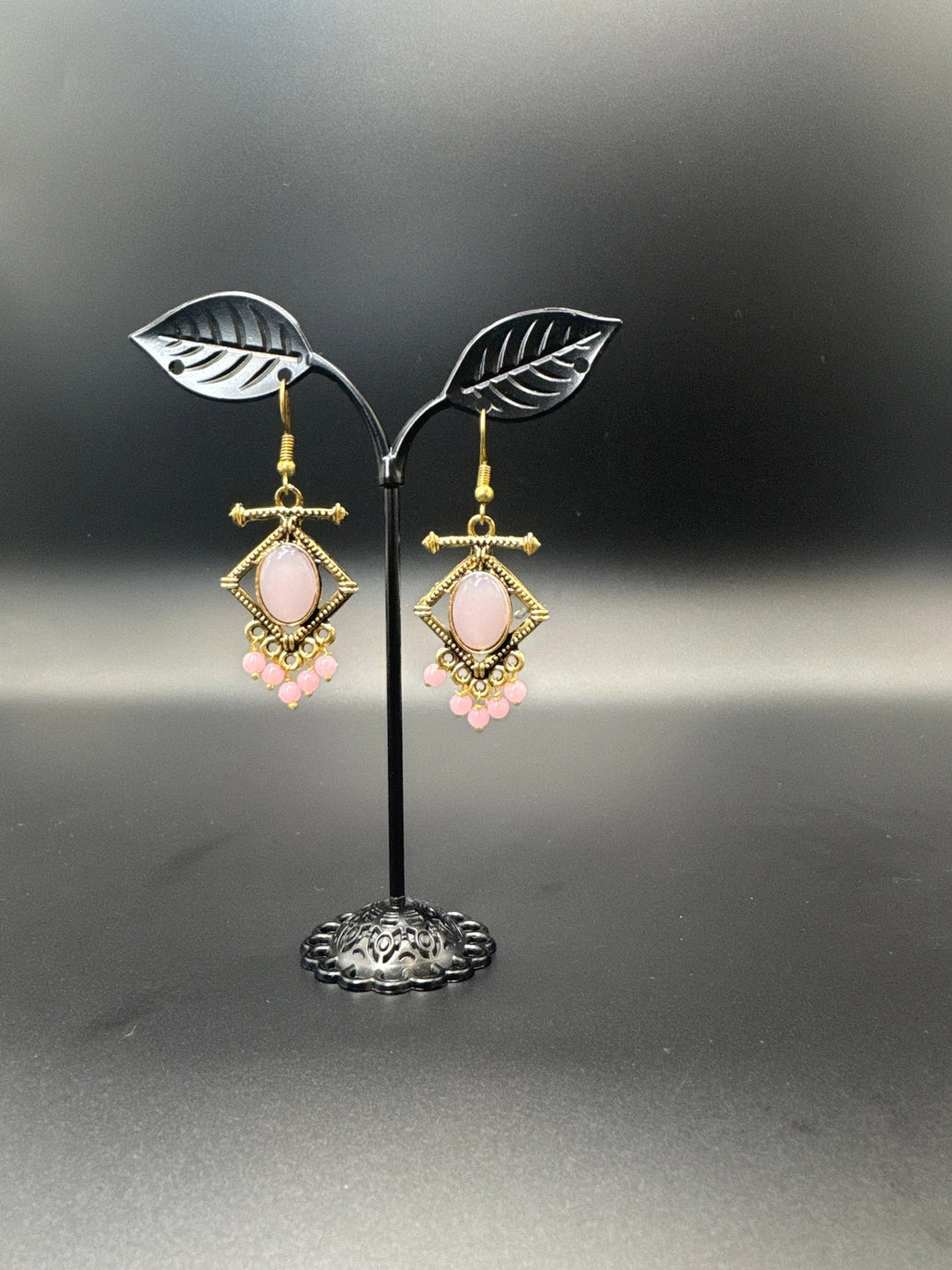 Antique gold-tone drop earrings with stone cabochon & bead dangles