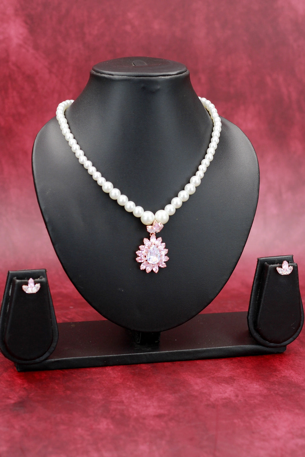 Pearl Necklace Set with Floral Teardrop Pendant and Matching Earrings - Baby Pink, Yellow, Navy Blue, Sky Blue, Green, Red - Baby Pink