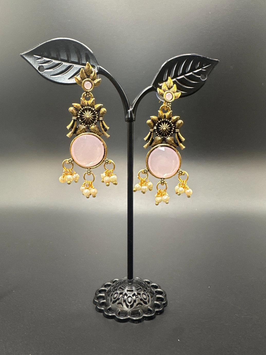 Gold-Tone Floral Chandbali Earrings with Round Stone & Pearl Drops