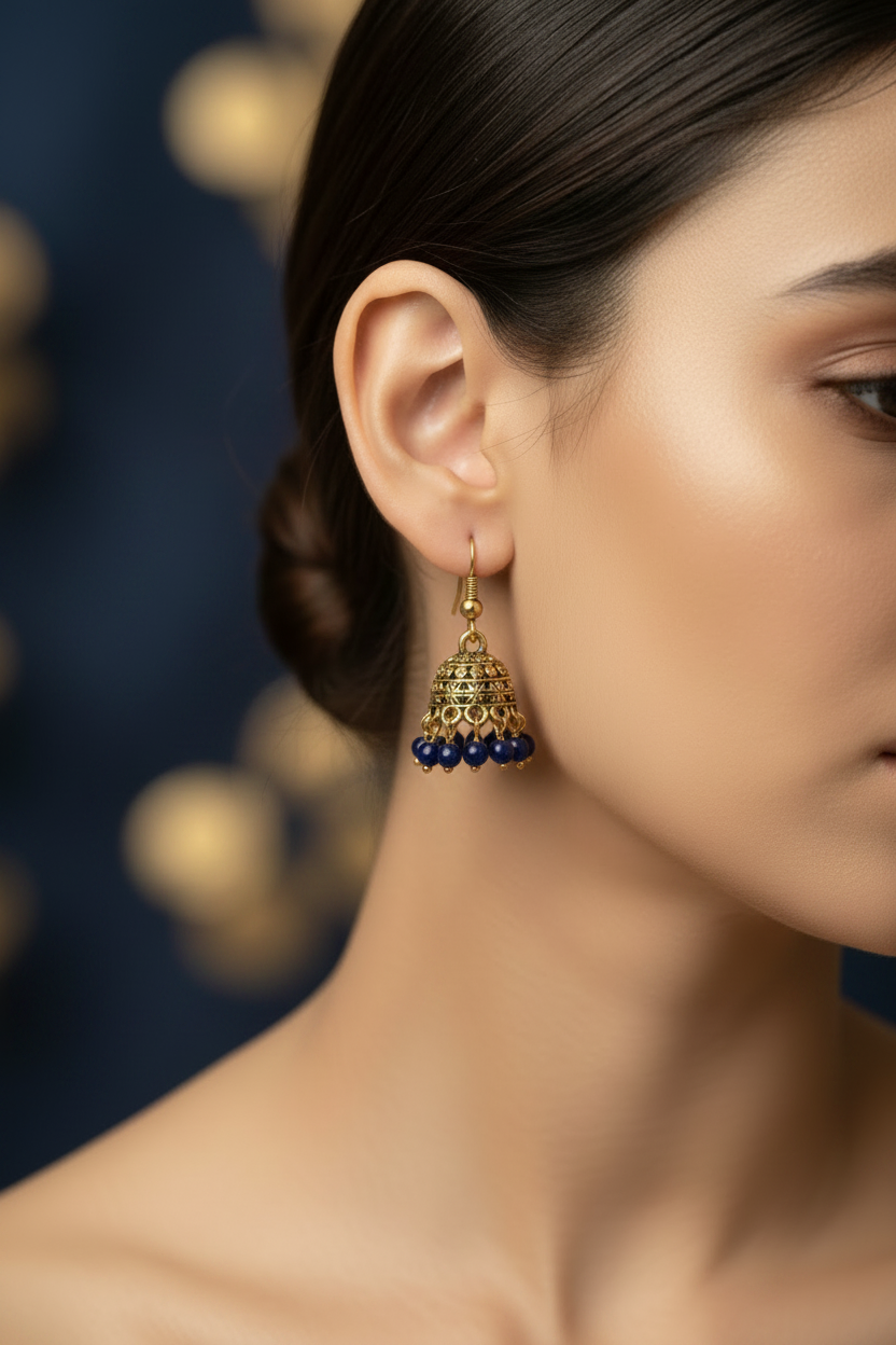 Gold-Tone Traditional Jhumka Earrings with Beaded Drops