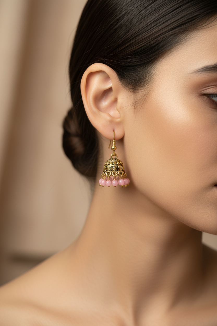 Gold-Tone Traditional Jhumka Earrings with Beaded Drops