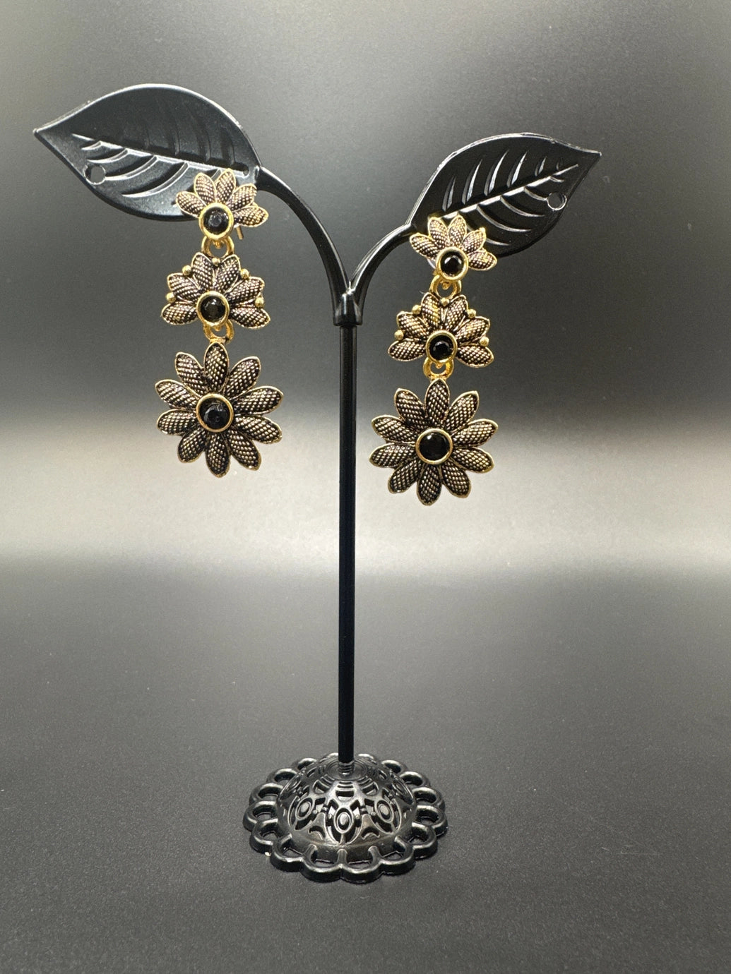 Antique Gold-Tone Floral Drop Earrings with Multi-Colored Stones