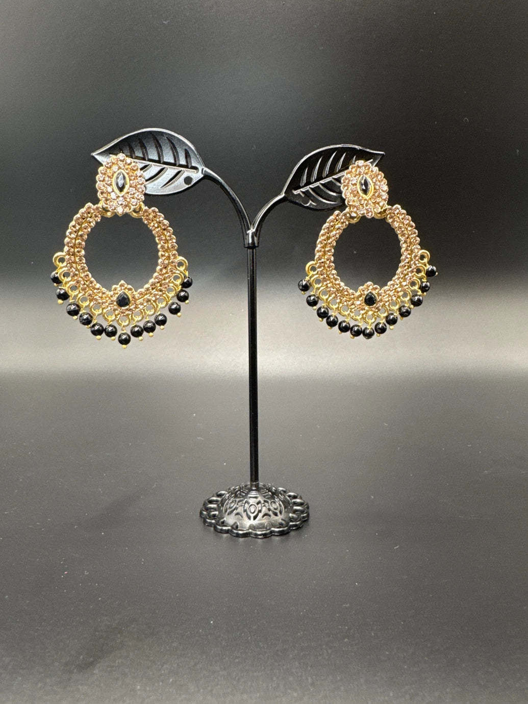 Gold-Plated Beads Chandbali Earrings for Women – Circular Jhumka Jewelry JCS Fashions Black 2 inch