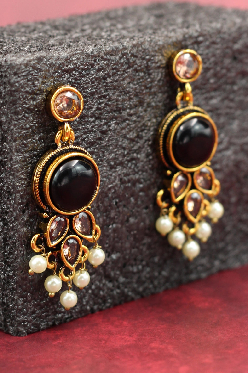 Black Gold-Tone Antique Pearl Drop Earrings for Traditional Indian Wear Jewelry JCS Fashions