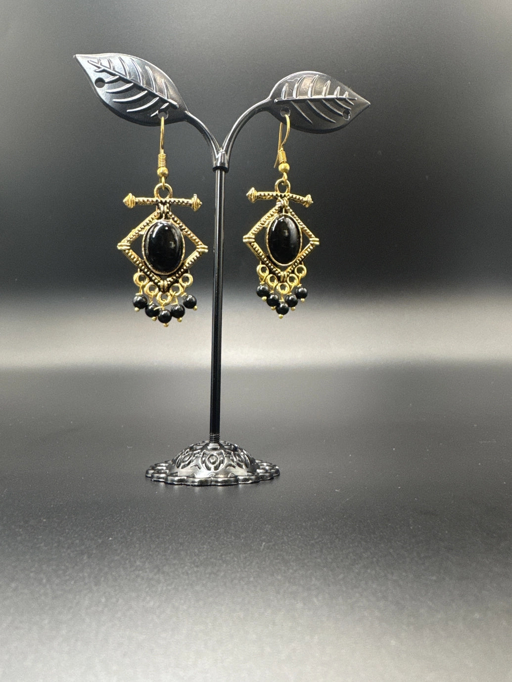 Antique gold-tone drop earrings with stone cabochon & bead dangles