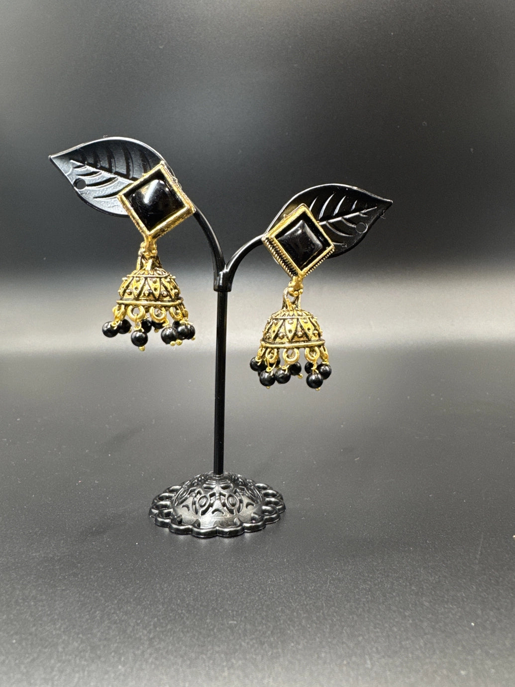 Oxidized Gold-Look Jhumka Earrings with Square Stone & Beads Jewelry JCS Fashions Black 1.50 inch
