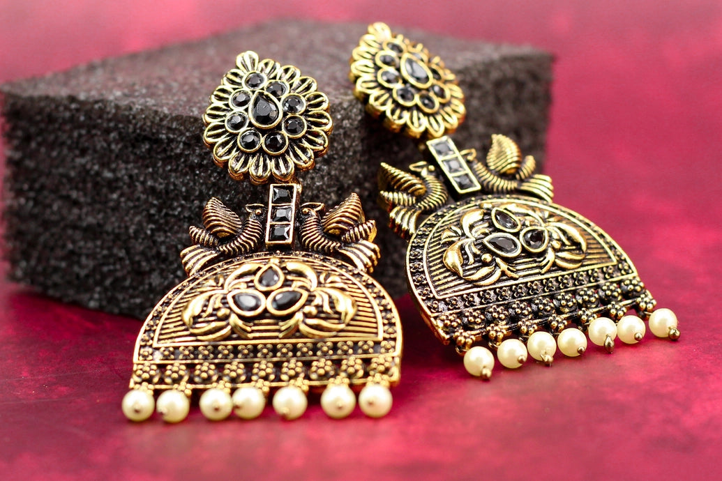 3-inch Antique Gold-Tone Black Stone Jhumka Earrings with Pearl Drops - Traditional Indian Fashion Jewellery Jewelry JCS Fashions