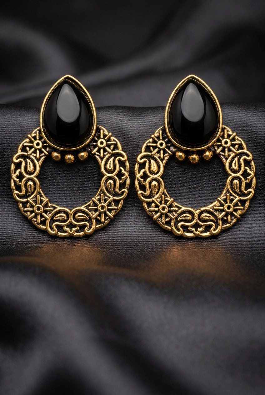 Antique Gold-Tone Teardrop Statement Earrings with Teardrop Stone and Floral Hoop Design - Black