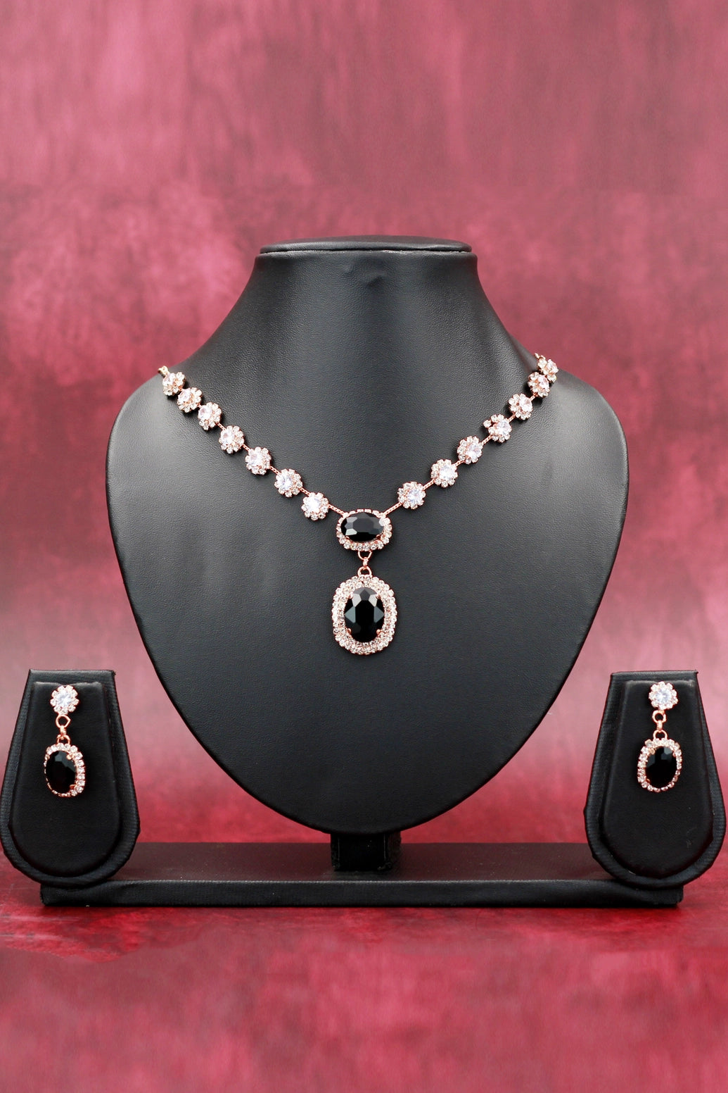Rose Gold Oval Stone Necklace Set with Matching Drop Earrings for Women (Maroon/Black/White/Rainbow) - Black