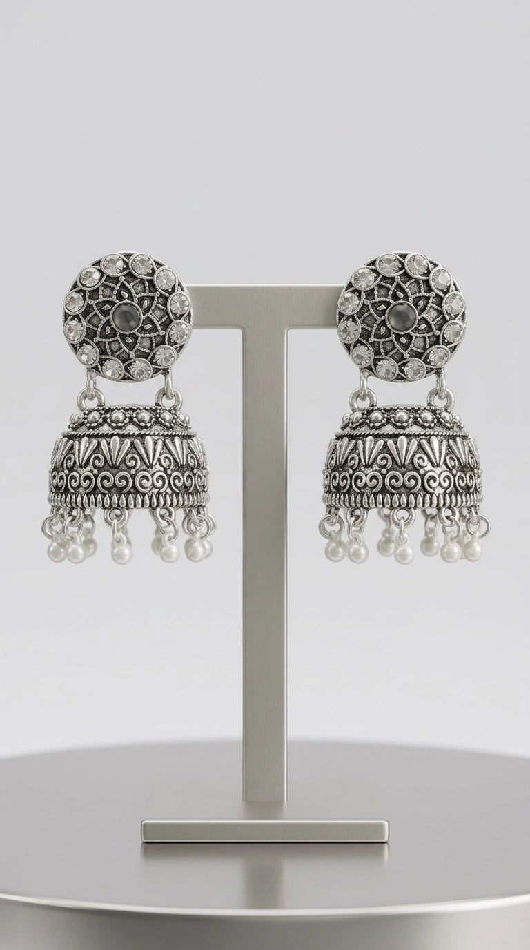 Oxidized Silver-Tone Jhumka Earrings with Studded Stones and Pearl Drops - Black