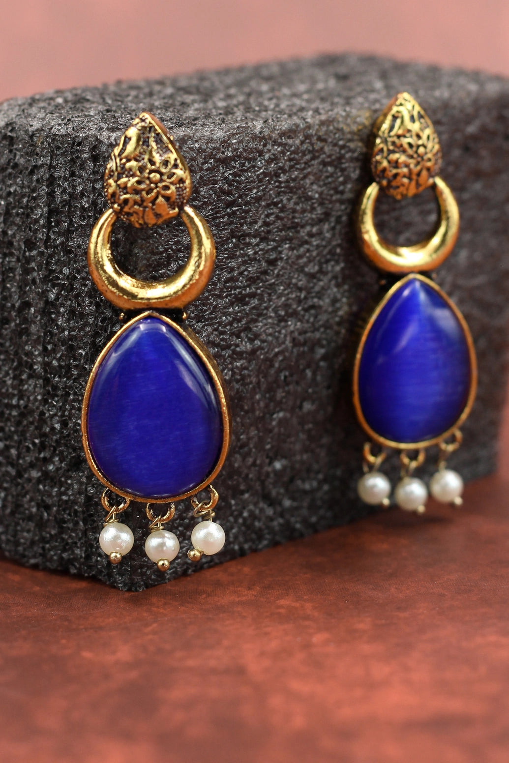 Gold-Tone Blue Teardrop Ethnic Earrings with Pearl Drops – Traditional Fashion Jewellery Jewelry JCS Fashions