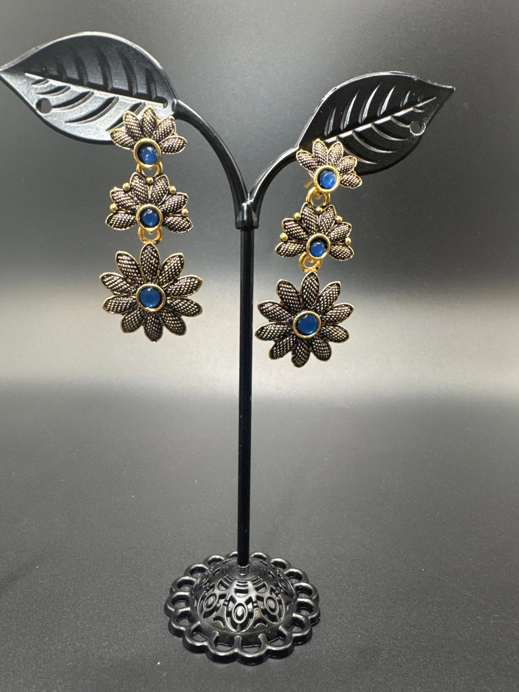 Antique Gold-Tone Floral Drop Earrings with Multi-Colored Stones