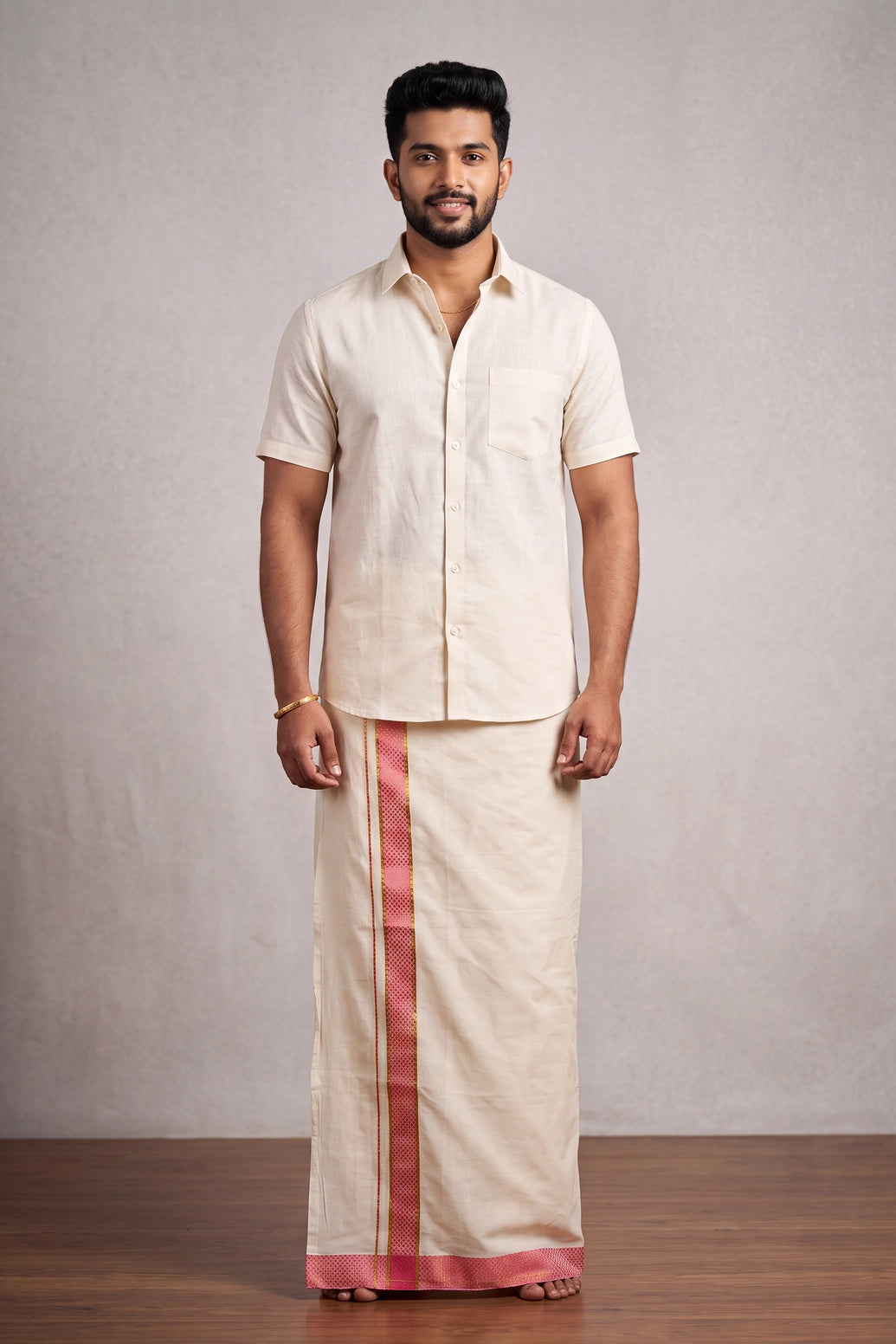 Men Off-White Cotton Dhoti with Woven Check Border and Zari Lines (2 Metre Single Veshti) - Coral