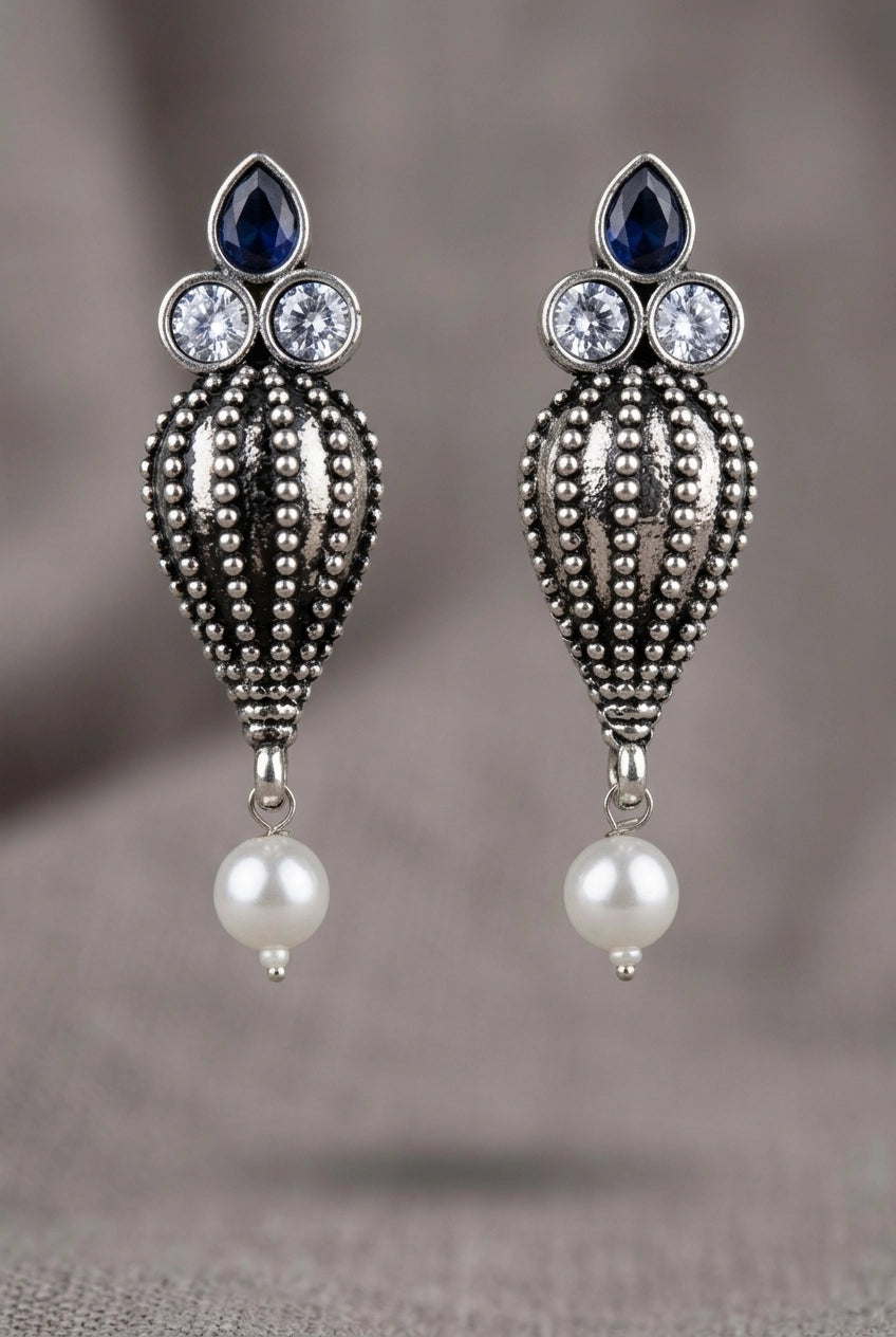 Antique Oxidized Silver Teardrop Jhumka Earrings with Pearls & Crystal Stones (1 Pair) - Dark Grey