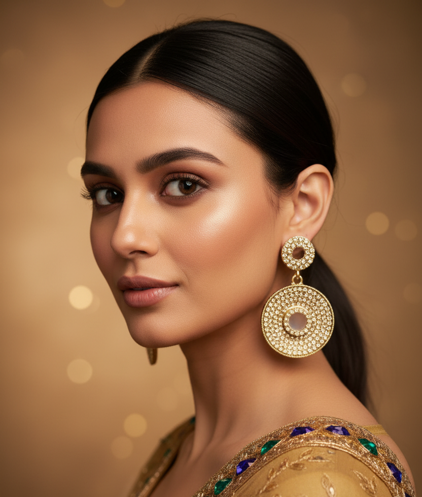 Traditional Circular Drop Earrings in Antique Gold Tone