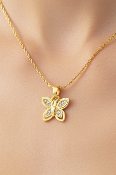 Gold-Tone Butterfly Pendant Necklace, Textured Chain Fashion Jewellery for Women