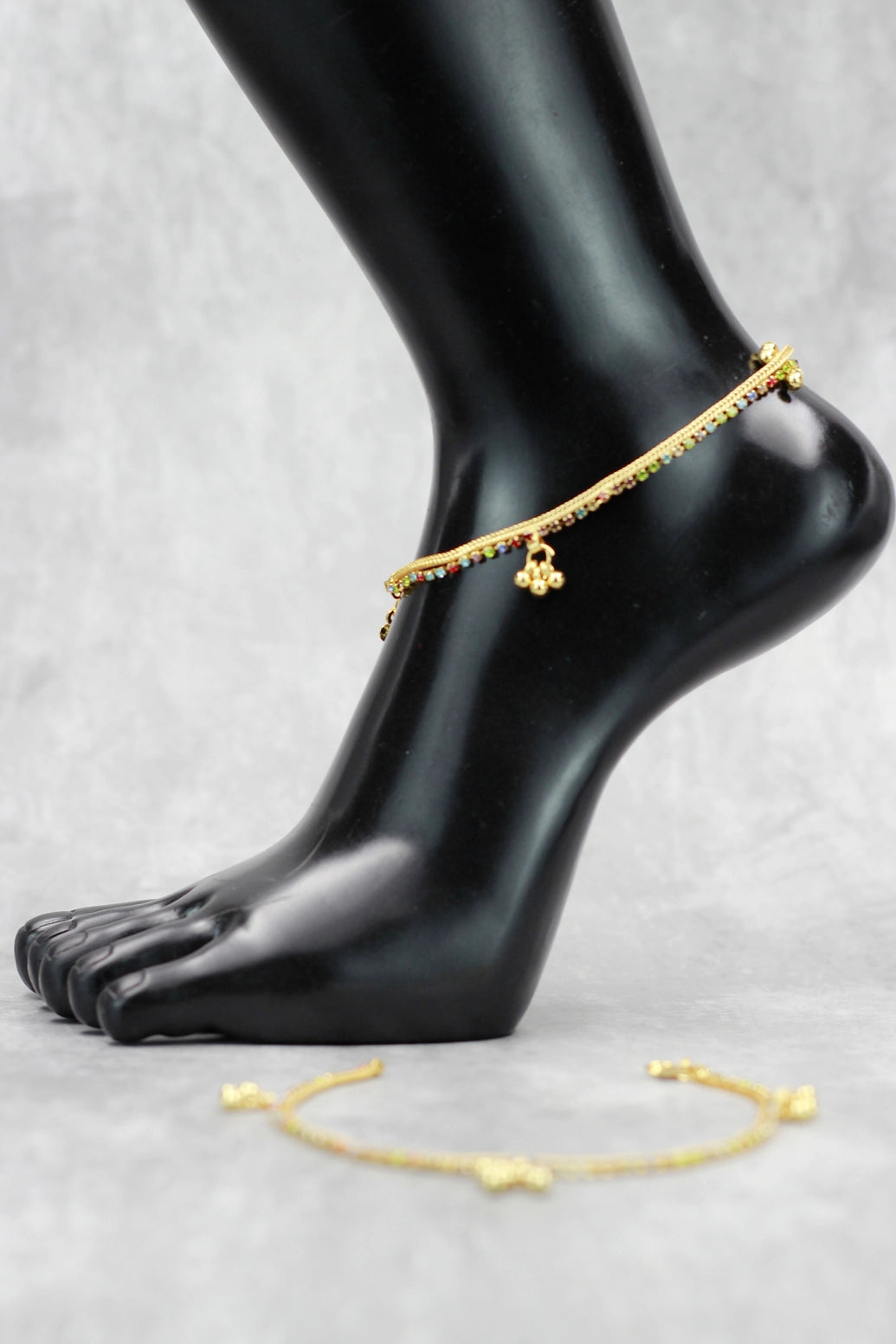 Gold-Tone Traditional South Indian Anklet with Multi-Color Stones and Jhumka Motifs for Women - Gold
