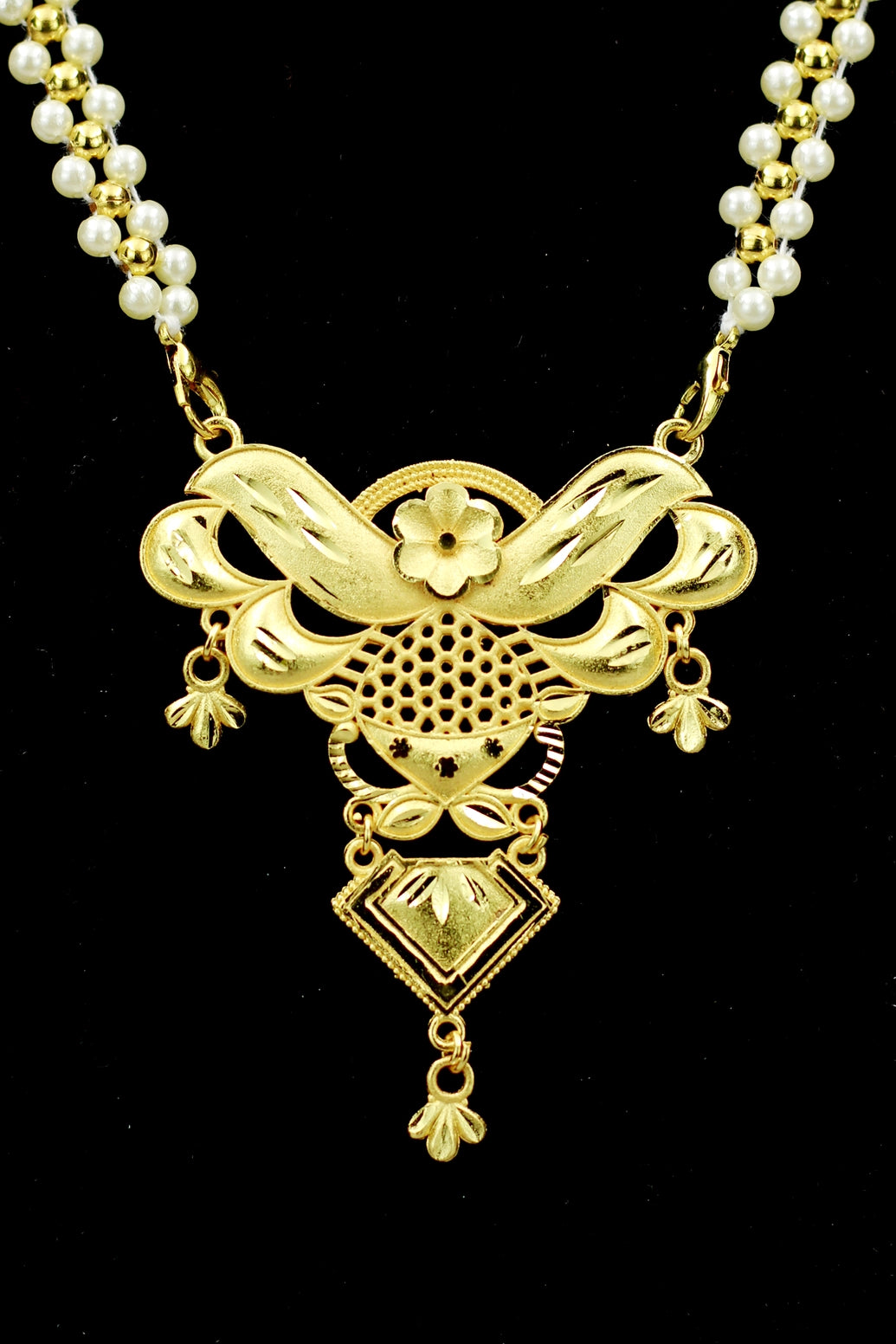 Traditional Gold-Tone Pearl Necklace Set with Floral Pendant and Matching Drop Earrings - Gold