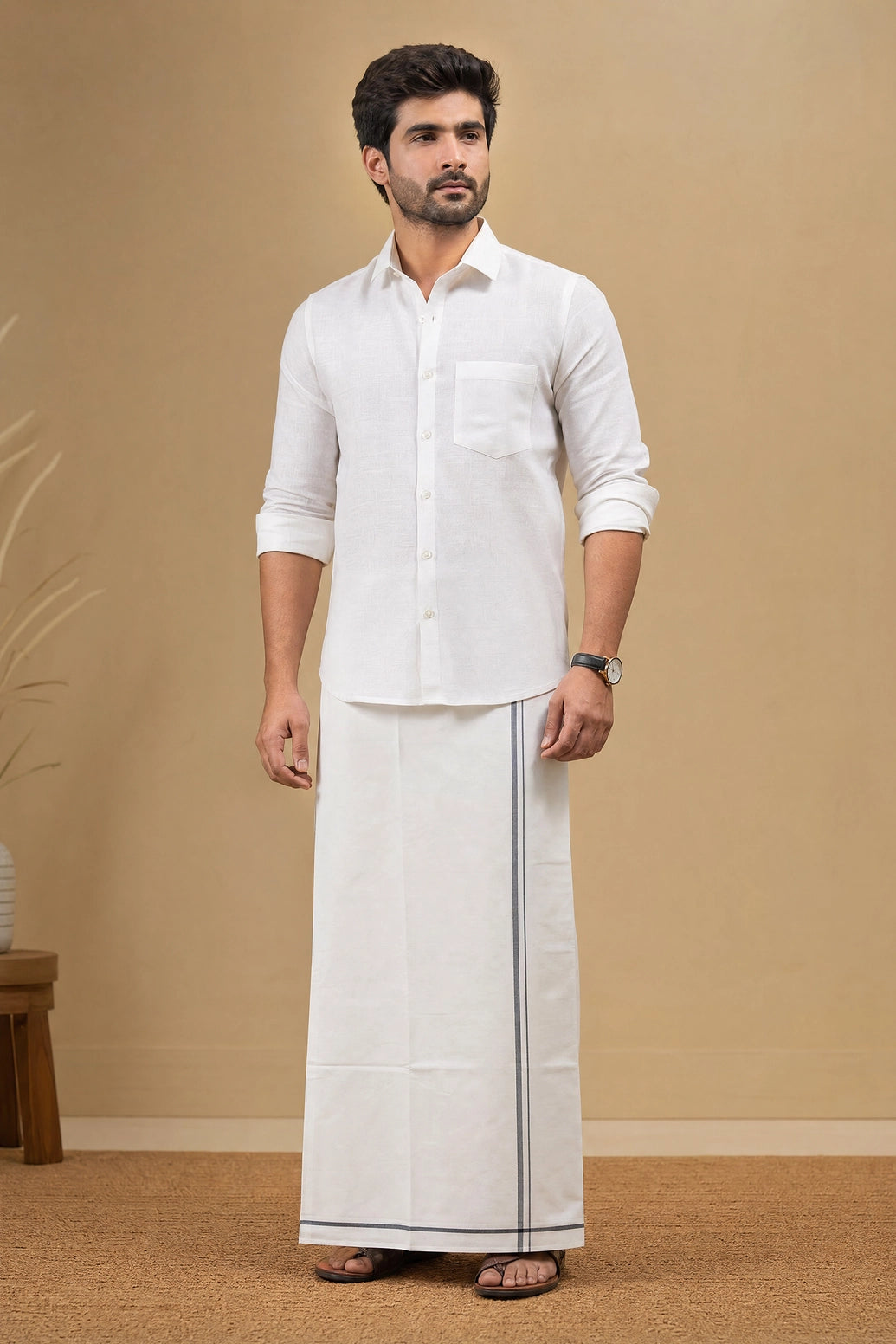 Men’s Off-White Cotton Dhoti with 0.25 inch Coloured Border, 2 Metre Single Veshti for Wedding & Festive Wear - Gray