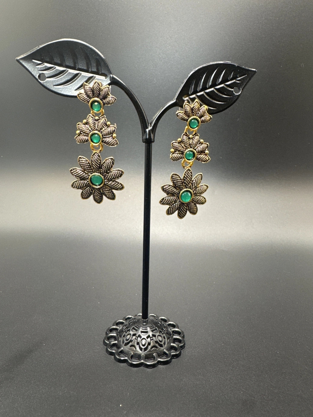 Antique Gold-Tone Floral Drop Earrings with Multi-Colored Stones
