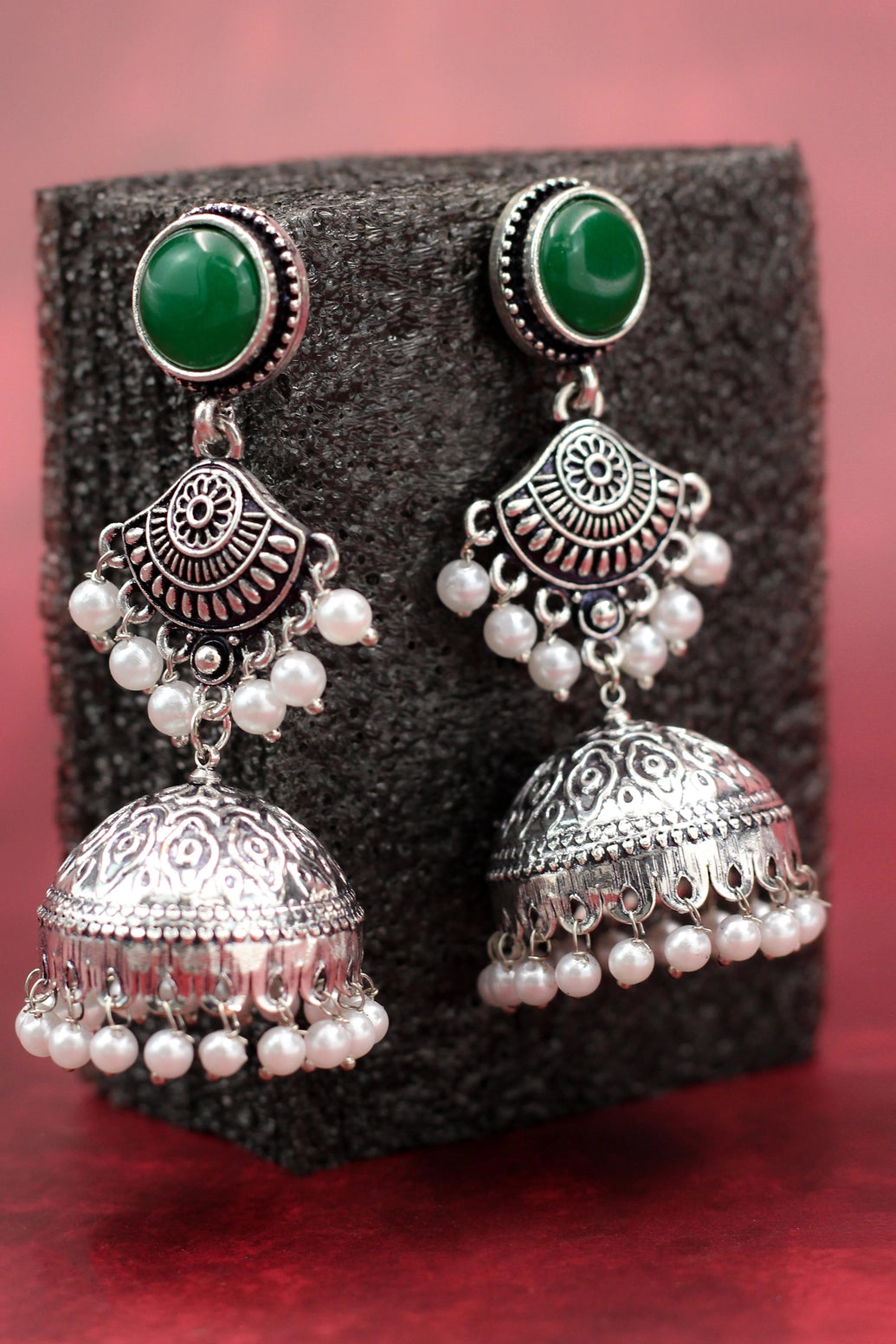 Oxidised Silver-Tone Green Stone Pearl Jhumka Earrings - Long Ethnic Stud Jhumki, 2.8 inch Jewelry JCS Fashions