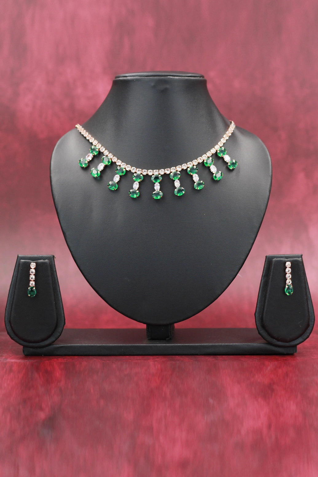 Oval Stone Statement Necklace Set with Matching Earrings for Women - Fashion Jewellery - Green