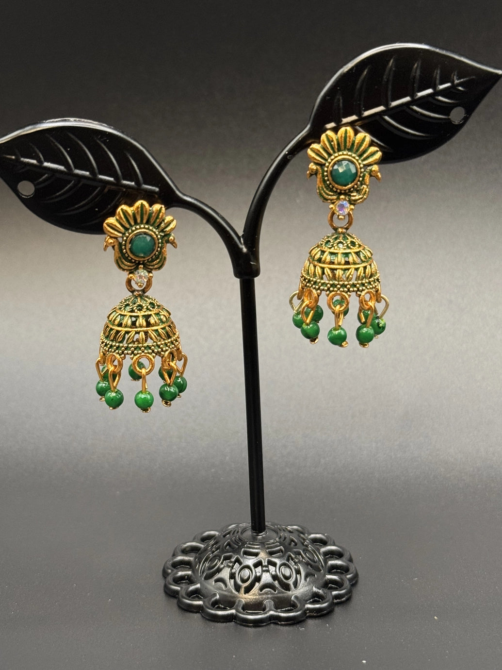 Antique Look Floral Jhumka Earrings - Gold-Tone Traditional Jhumkas in Maroon, Royal Blue, Light Blue, Pink & Green - Pair Jewelry JCS Fashions Green 1 inch