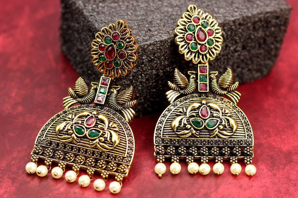 Antique Gold-Tone Jhumka Earrings with Green and Red Stones, Floral Stud & Pearl Drops - 3 inch Jewelry JCS Fashions