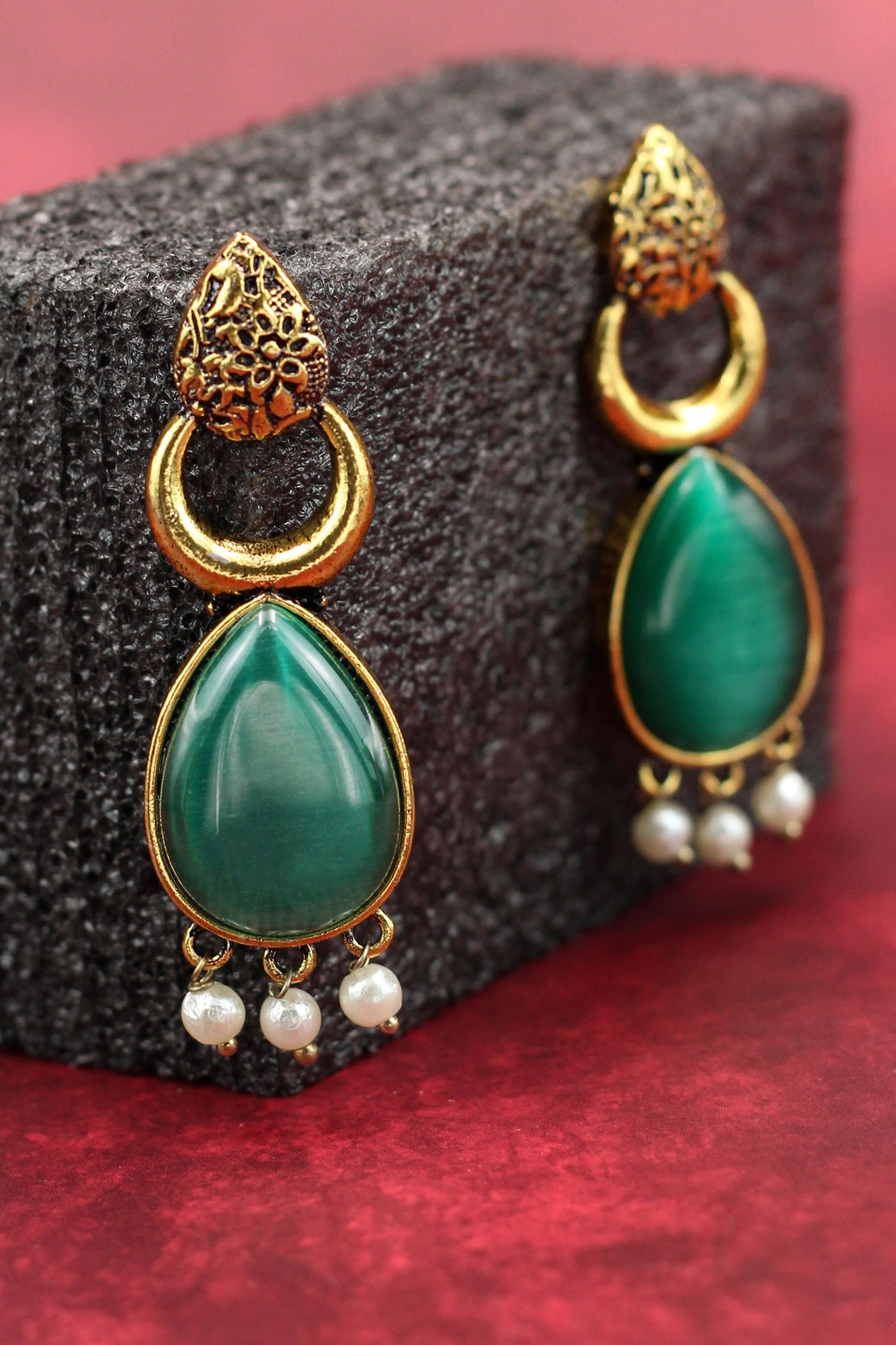 Gold-Tone Green Teardrop Earrings with Pearl Drops — Ethnic Fashion Jewellery Jewelry JCS Fashions