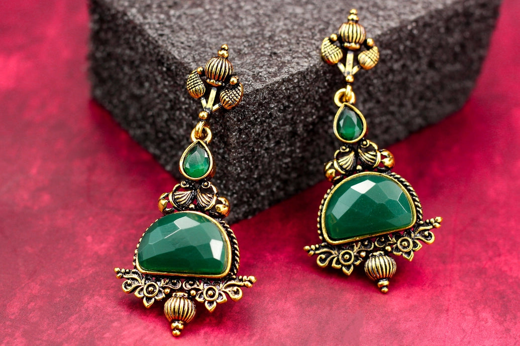 Green Half-Moon Stone Jhumka Earrings - Antique Gold-Tone Traditional Danglers, 2.6 inch Fashion Jewellery Jewelry JCS Fashions