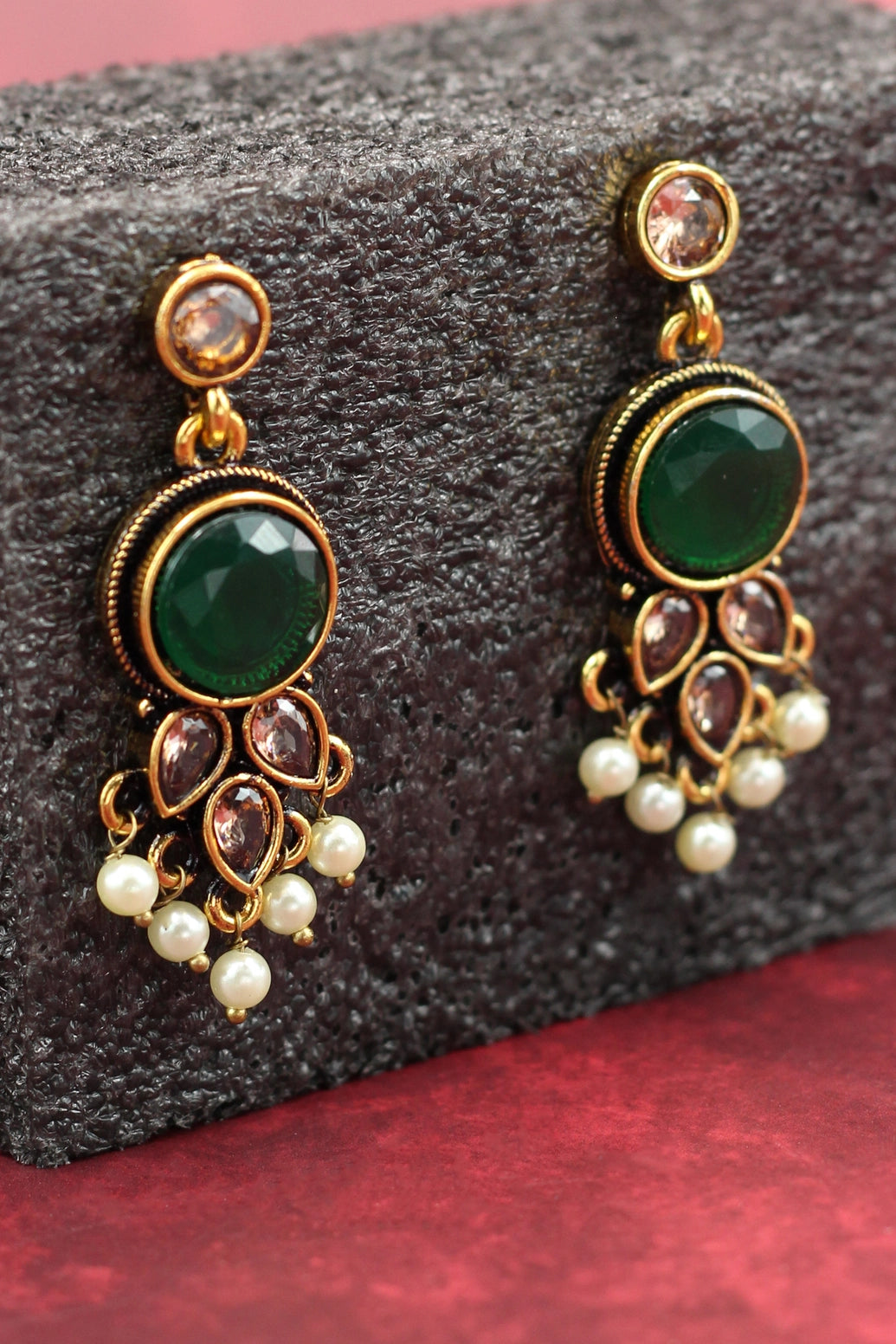 Green Antique Gold-Tone Pearl Drop Earrings with Floral Motif and White Bead Danglers – Traditional Indian Fashion Jewellery Jewelry JCS Fashions
