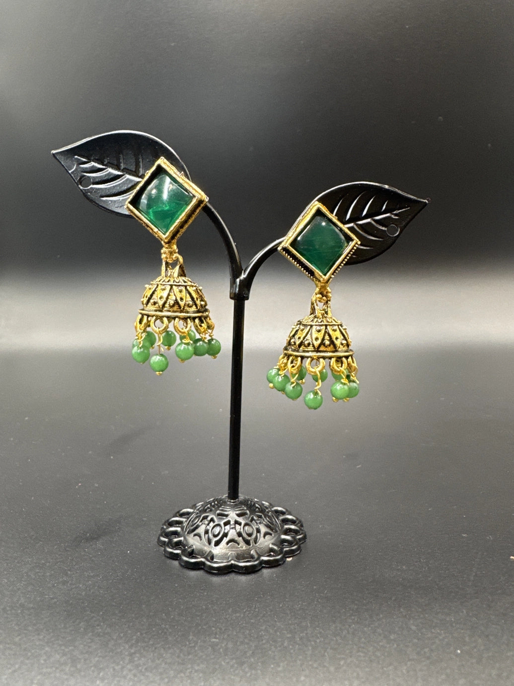 Oxidized Gold-Look Jhumka Earrings with Square Stone & Beads Jewelry JCS Fashions green 1.50 inch