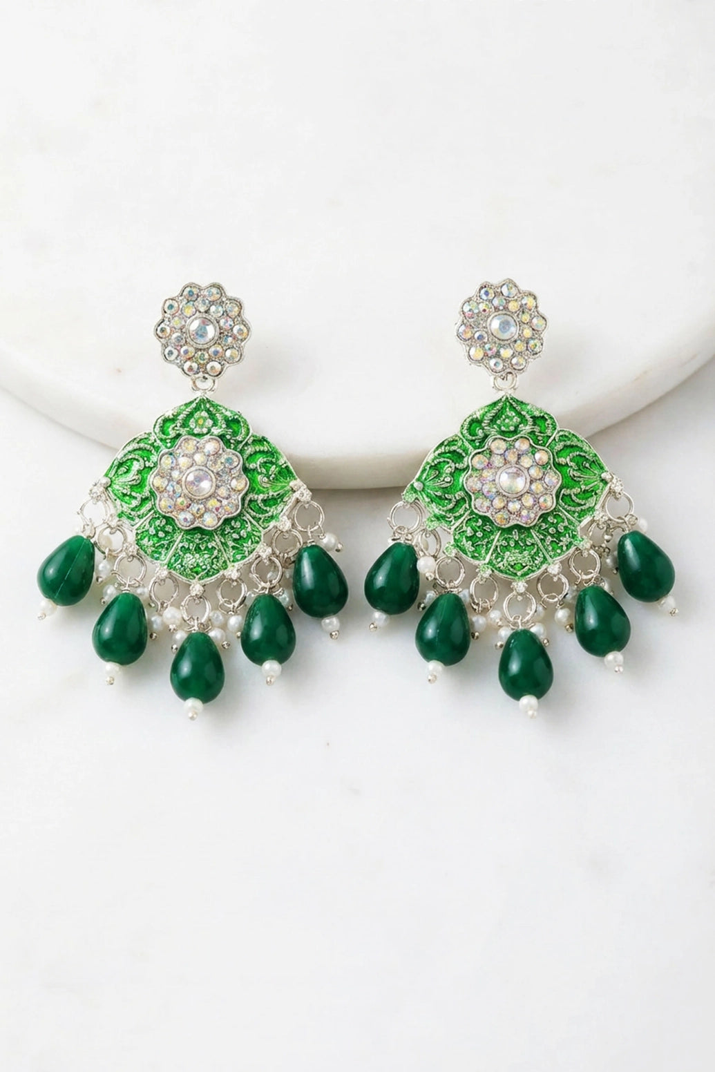 Floral Drop Earrings with Sparkling Multi-Colour Stones and Teardrop Beads - Green/Red/Pink - Green