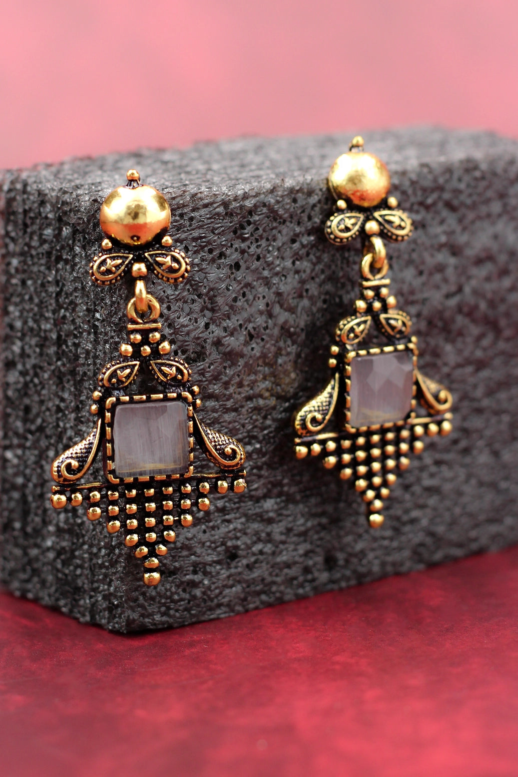 Antique Gold-Tone Dangling Ethnic Earrings with Grey Stone — Ornate Square Frame, 2.4 inch Jewelry JCS Fashions