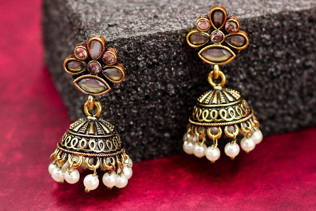 Grey Floral Stud Jhumka Earrings with Pearl Drops - 1.5 inch Jewelry JCS Fashions