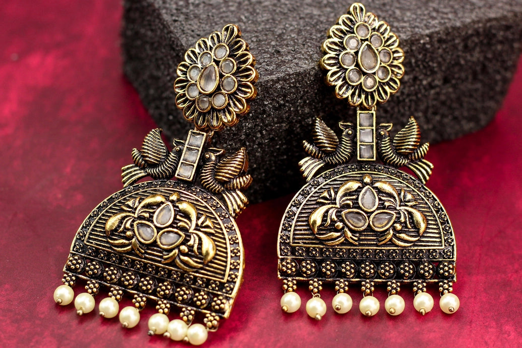 Antique Gold-Tone Grey Stone Jhumka Earrings with Pearl Drops - 3 Inch Ethnic Fashion Jewellery Jewelry JCS Fashions