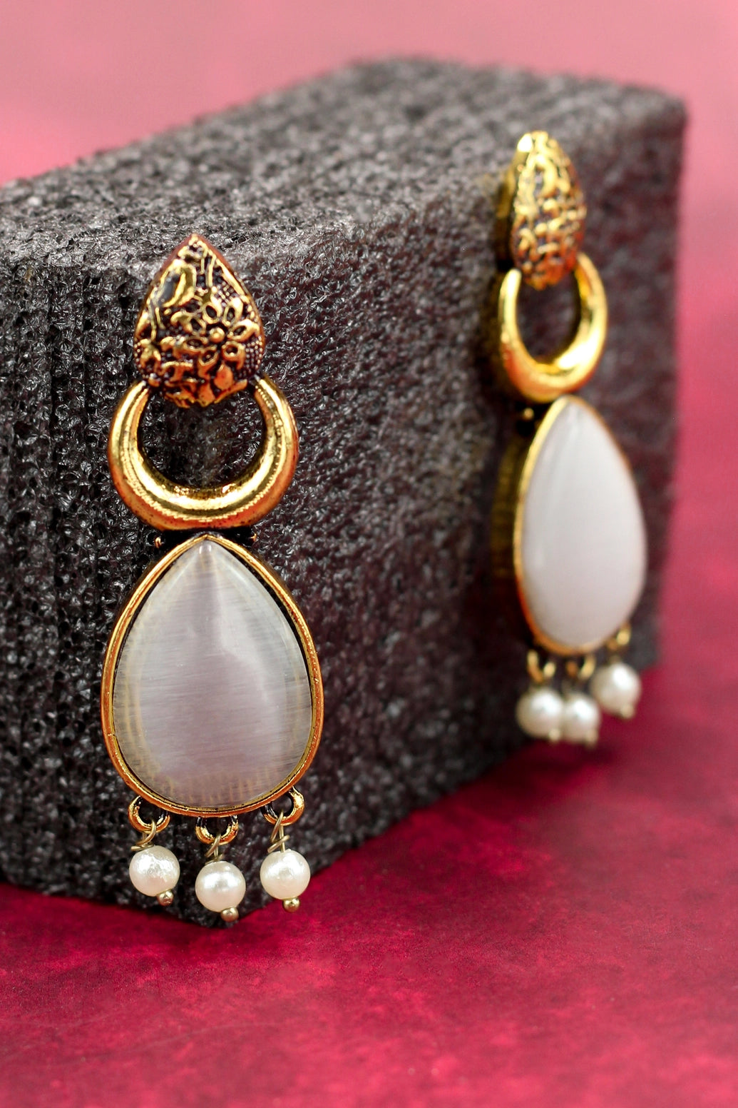 Traditional Gold-Tone Grey Teardrop Ethnic Dangle Earrings with Three Pearl Drops - Fashion Jewellery Jewelry JCS Fashions