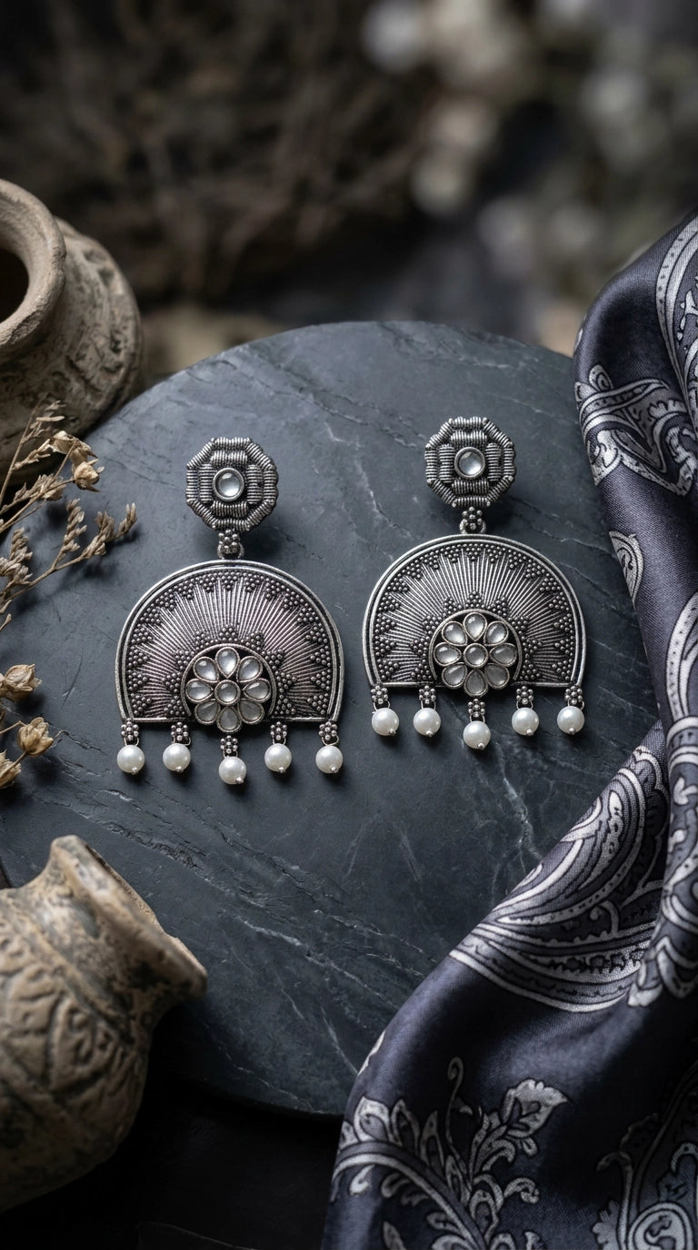 Oxidized Silver Floral Pendant Earring Set with Pearl Drops and Sunburst Motif - Grey