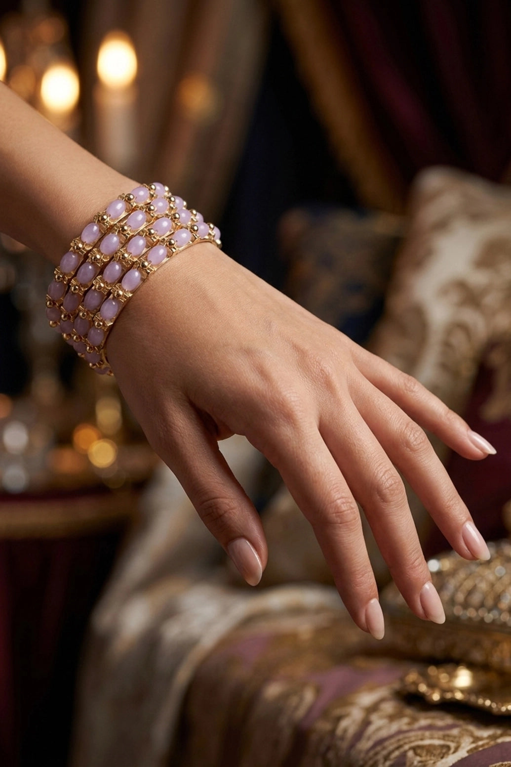 Gold-Plated Beaded Stone Bangles - Traditional Ethnic Stackable Bracelet for Women (Royal Blue, Yellow, Lavender) - Lavender