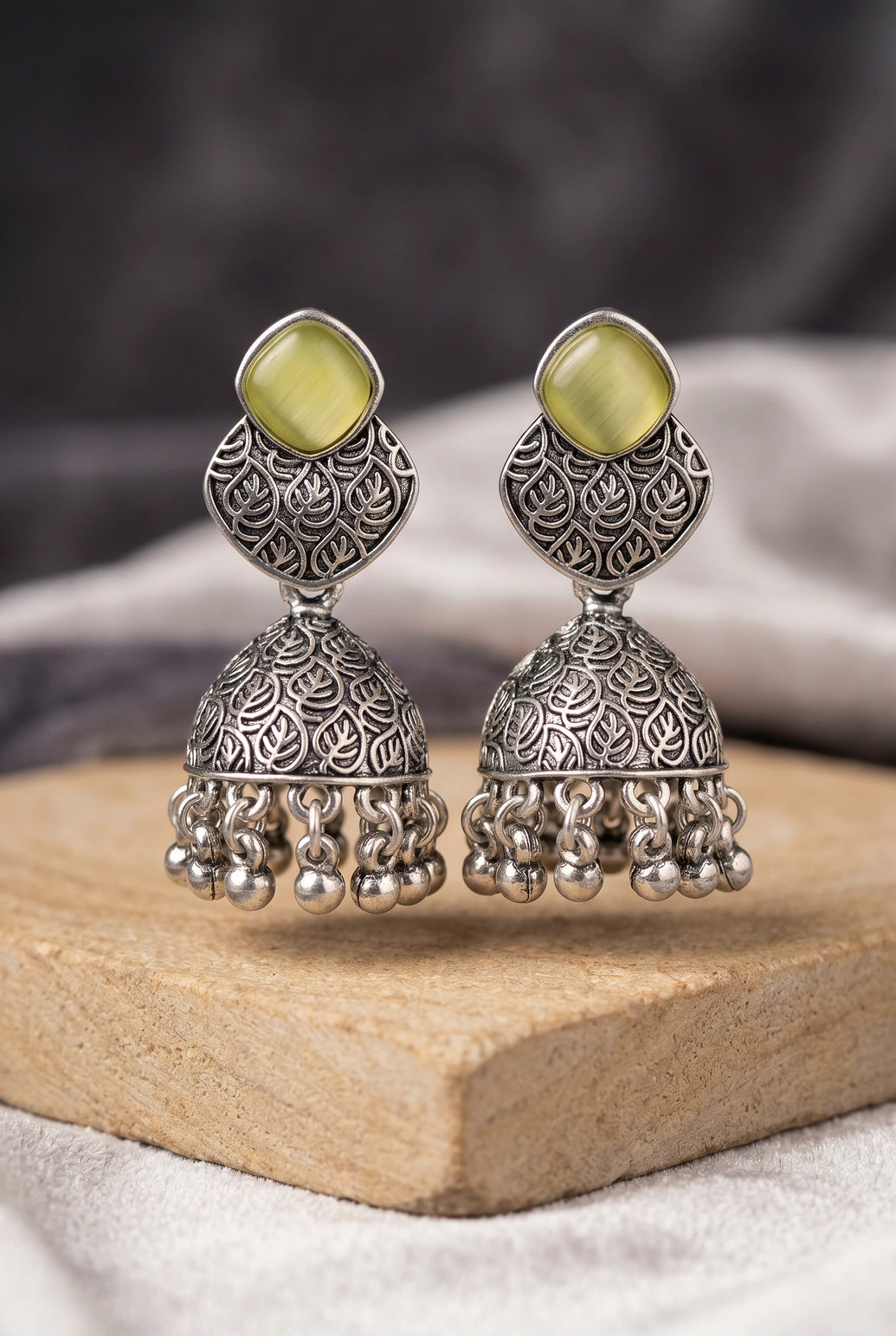 Oxidized Silver-Tone Jhumka Earrings with Square Stone, Leaf Engraved Top & Ghungroo Beads (Sea Blue/Mint/Lemon) - Lemon Yellow