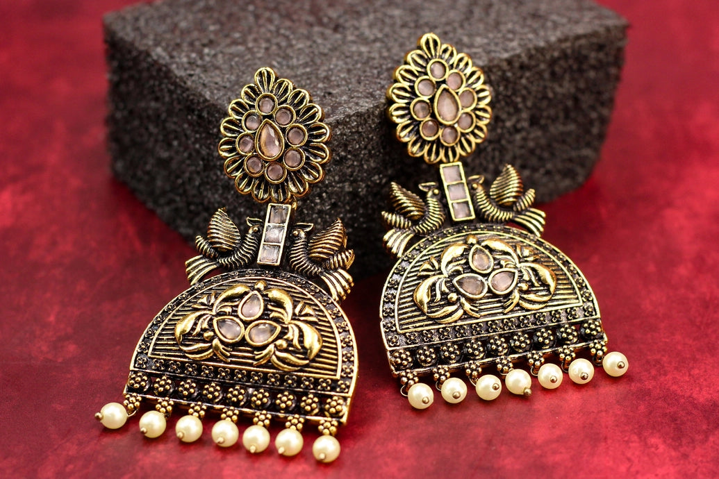 Antique Gold-Tone Jhumka Earrings with Light Onion Pink Stones and Pearls - Floral Stud with Bird & Lotus Motifs, 3 inch Jewelry JCS Fashions