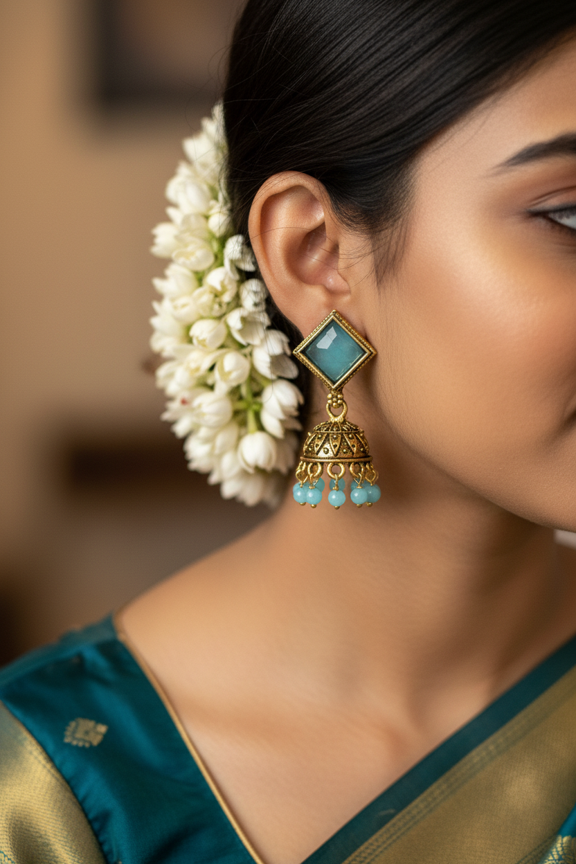 Oxidized Gold-Look Jhumka Earrings with Square Stone & Beads