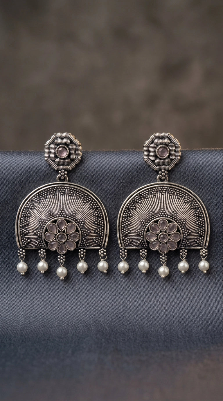 Oxidized Silver Floral Pendant Earring Set with Pearl Drops and Sunburst Motif - Light pink