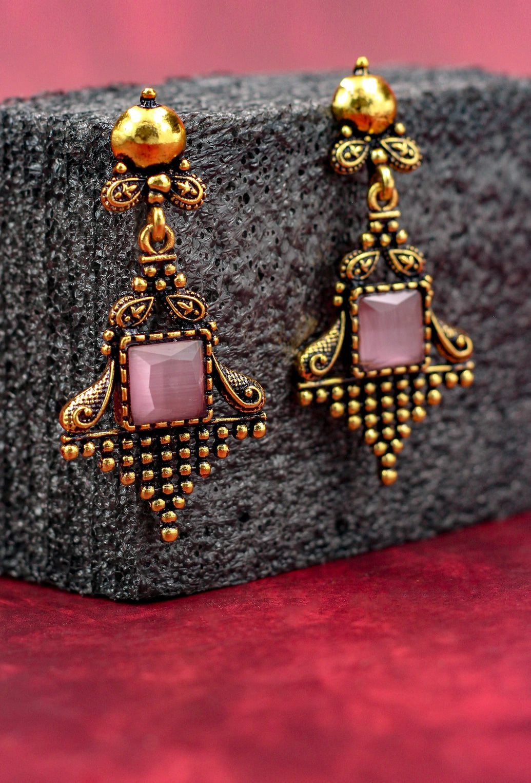 Antique Gold-Tone Dangling Earrings with Light Pink Square Stone - Ornate 2.4 inch Jewelry JCS Fashions