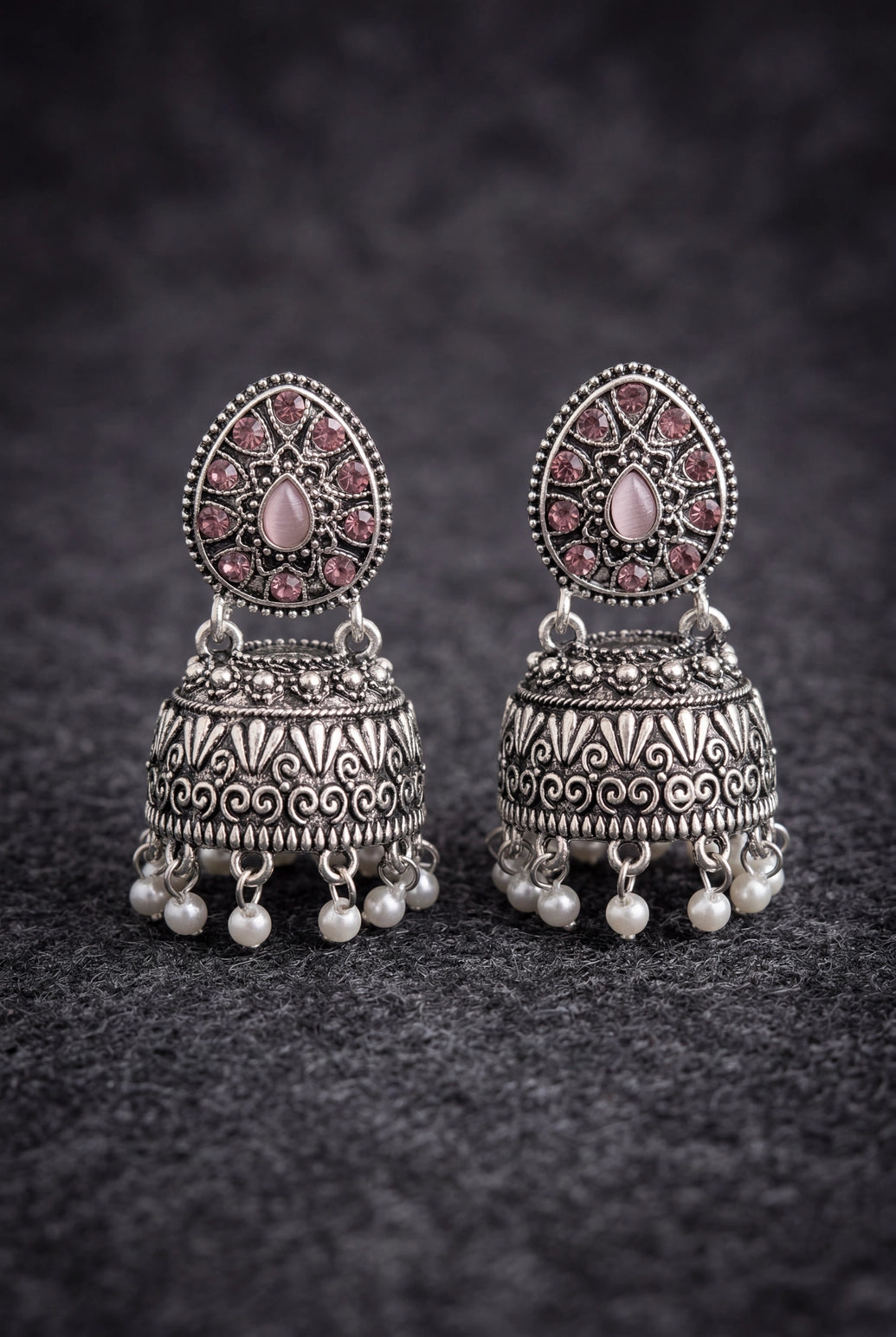 Oxidized Silver Tone Jhumka Earrings with Oval Stud Top & Filigree Teardrop Motif for Women - Light pink