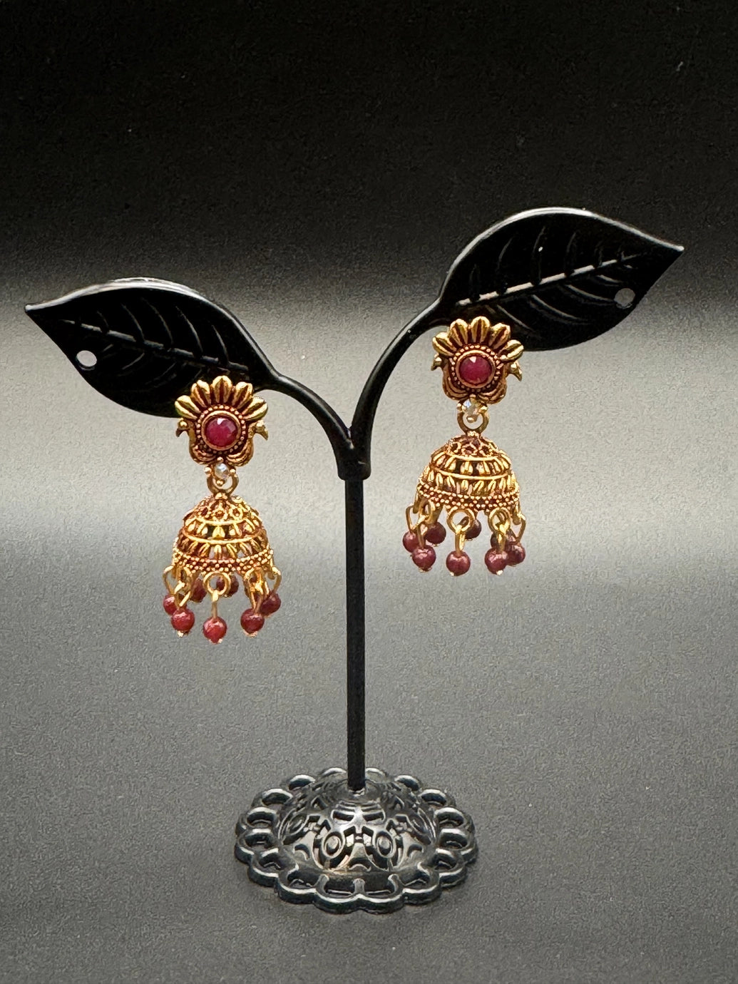 Antique Look Floral Jhumka Earrings - Gold-Tone Traditional Jhumkas in Maroon, Royal Blue, Light Blue, Pink & Green - Pair Jewelry JCS Fashions Maroon 1 inch