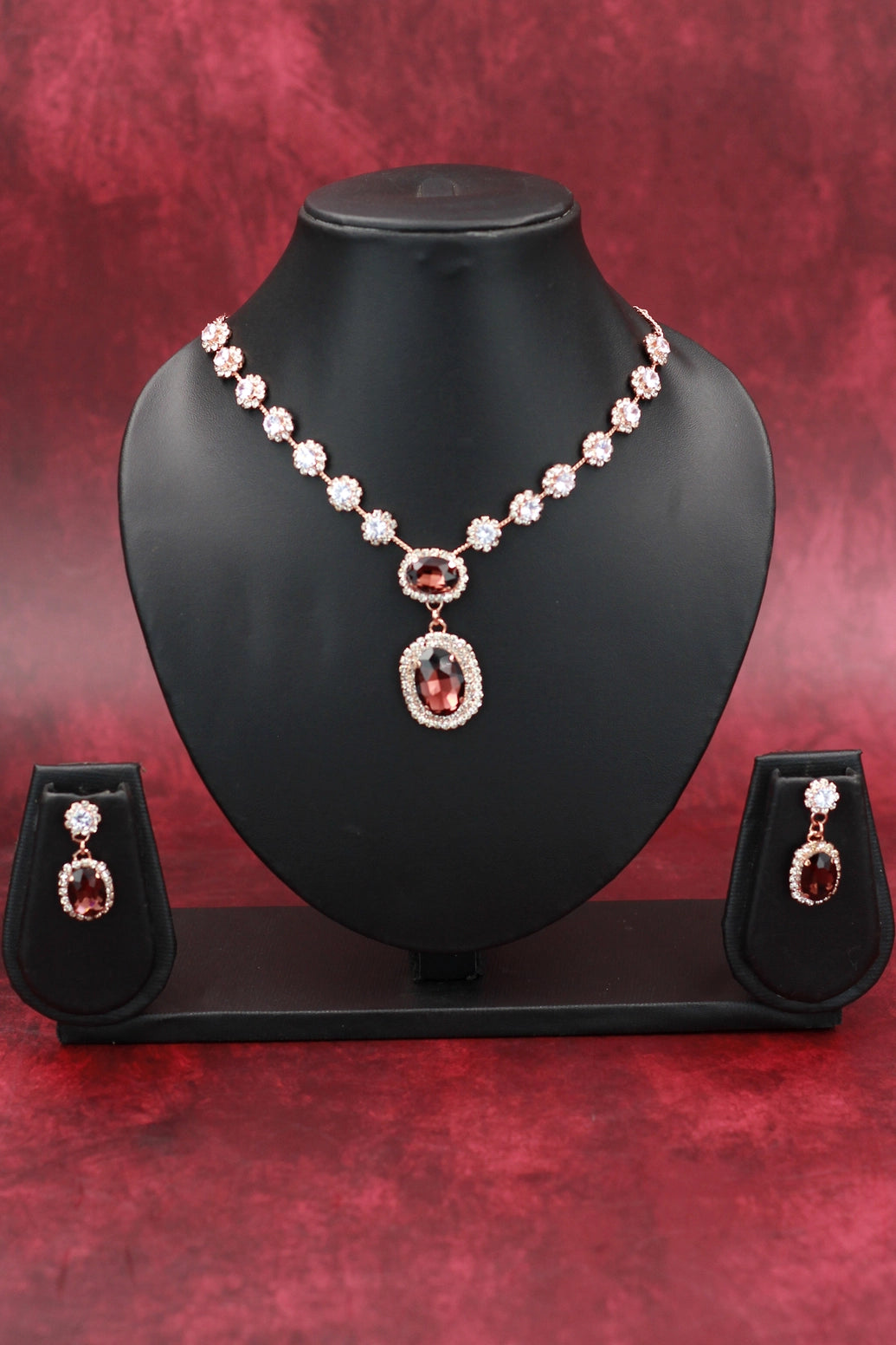Rose Gold Oval Stone Necklace Set with Matching Drop Earrings for Women (Maroon/Black/White/Rainbow) - Maroon