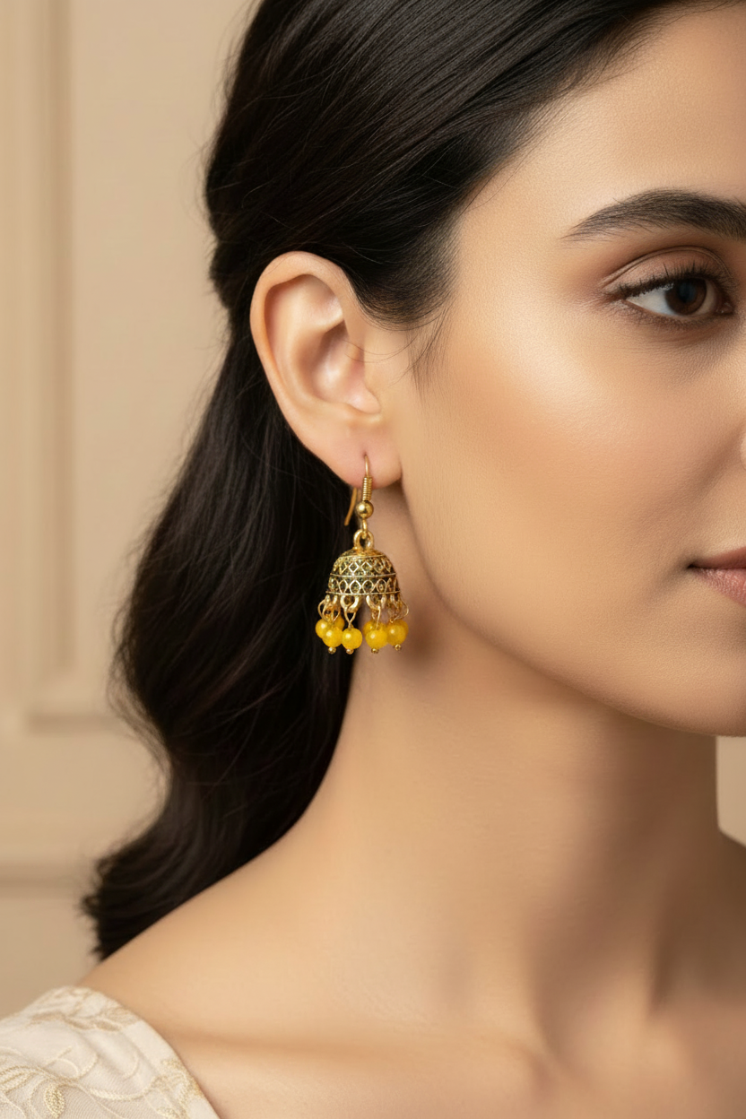 Gold-Tone Traditional Jhumka Earrings with Beaded Drops