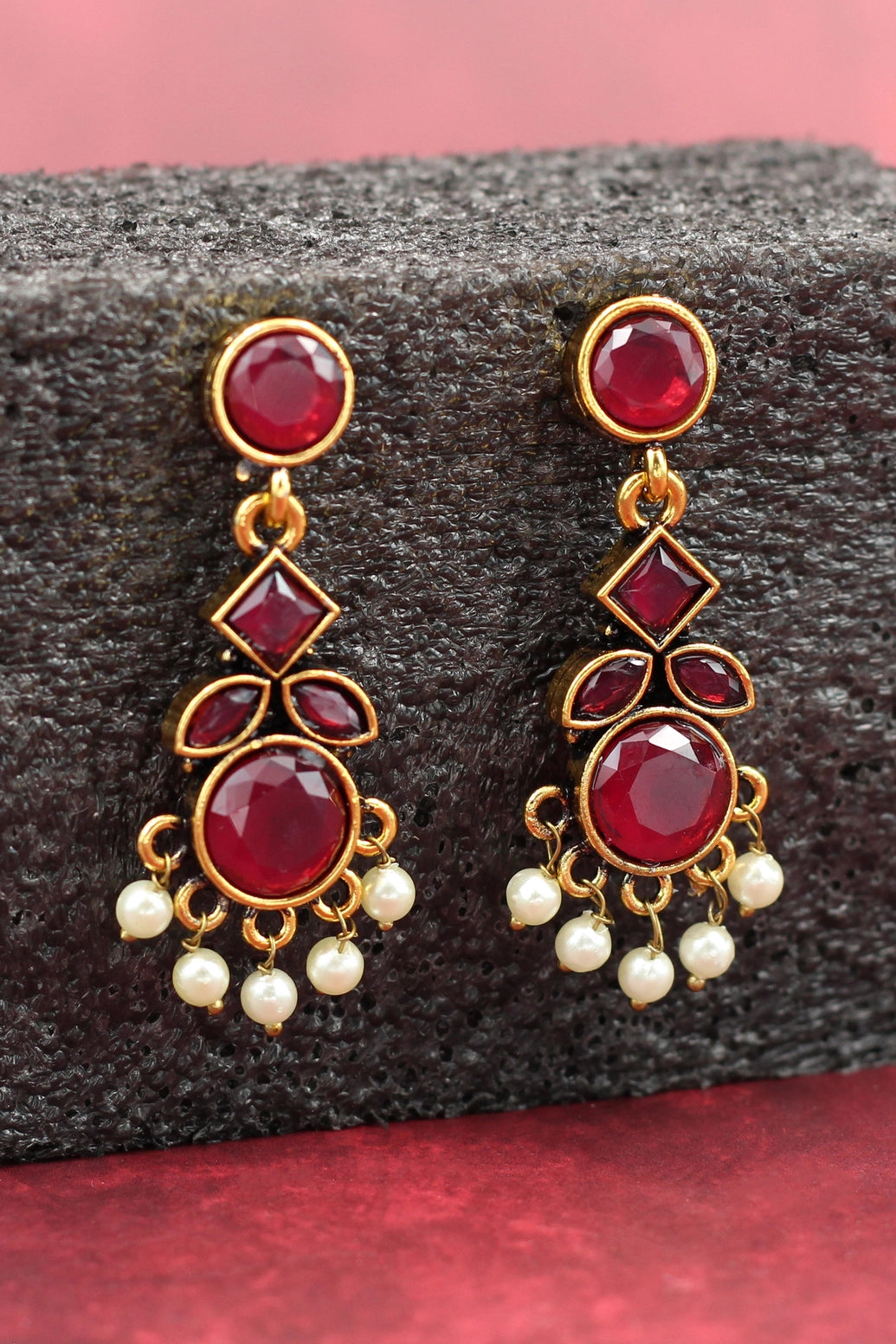 Maroon Gold-Tone Kundan-Style Pearl Drop Earrings Jewelry JCS Fashions